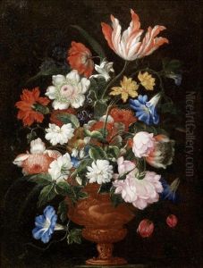 Roses, Tulips, Poppies, Convolvulus And Other Flowers by Bartolommeo Ligozzi