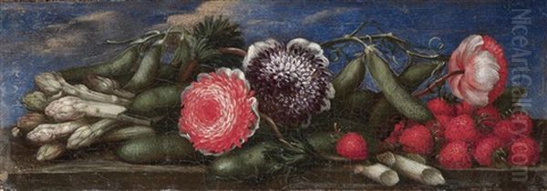 Stillleben Mit Blumen, Erdbeeren Und Spargel - view 1