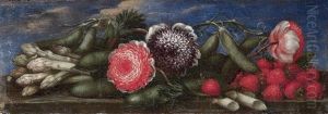 Stillleben Mit Blumen, Erdbeeren Und Spargel