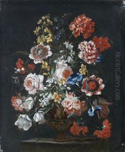 Roses, Carnations, Convolvulus And Other Flowers In A Bronze Urn On A Stone Ledge