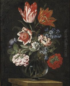 Tulips, A Rose, Violettes And Other Flowers In A Glass Vase On A Stone Ledge