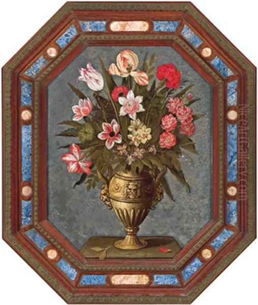 Ein Blumenstraus Mit Tulpen, Nelken, Narzissen, Astern Und Passionsblumen In Einer Prunkvase - Un Mazzo Di Fiori Con Tulipani, Garofani, Astri, E Passiflore In Un Vaso Decorativo - view 1