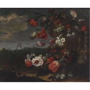 Still Life Of Roses, Tulips, Narcissus And Other Flowers In A Landscape