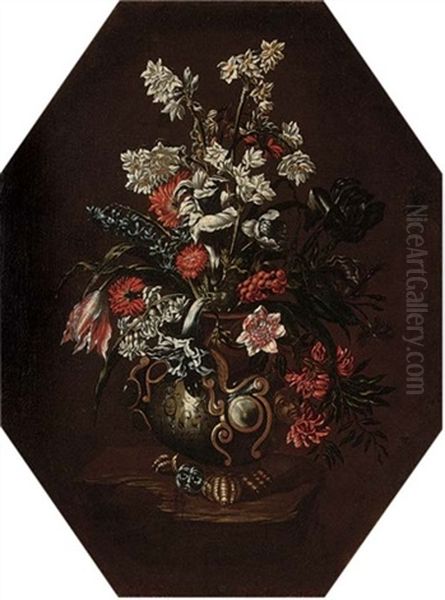 Narcissi, Carnations, Tulips, Morning Glory And Other Flowers In A Vase On A Ledge - view 1