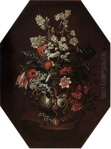 Narcissi, Carnations, Tulips, Morning Glory And Other Flowers In A Vase On A Ledge by Bartolommeo Ligozzi