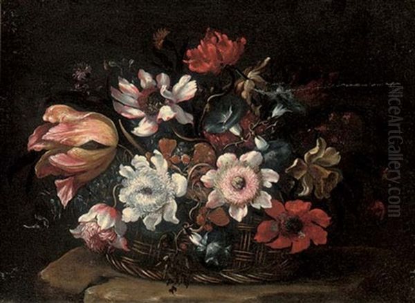 A Tulip, Morning Glory, Roses And Other Flowers In A Wicker Basket On A Stone Ledge - view 1