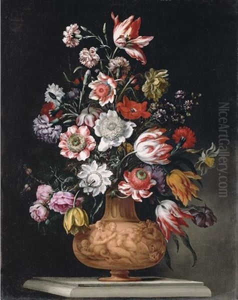 Tulips, Roses And Carnations And A Narcissus In A Sculped Urn On A Stone Ledge - view 1