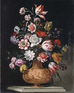 Tulips, Roses And Carnations And A Narcissus In A Sculped Urn On A Stone Ledge by Bartolommeo Ligozzi
