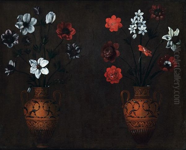 Zwei Braune Henkelvasen Mit Blumenstrausen - view 1