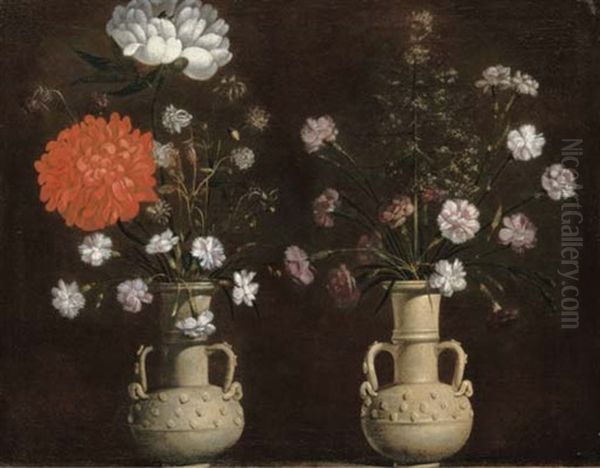 Two Grey Terracotta Vases With Flowers - view 1