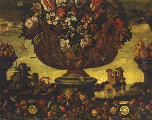 Mixed Flowers In A Sculpted Urn With Fruit On A Ledge, A View To A Ruin Beyond - view 1