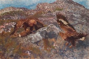Golden Eagles Attacking A Hare by Bruno Andreas Liljefors