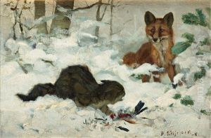 Hunting Cat Surprised By A Fox by Bruno Andreas Liljefors