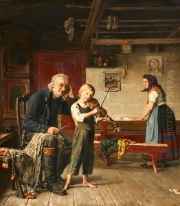An Interior With A Boy Playing The Violin by Arvid Liljelund