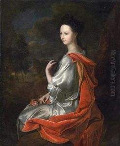 Portrat Einer Dame Mit Rotem Umhang Vor Bewaldeter Landschaft by Hendrik van Limborch