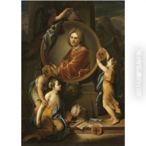 Infants Decorating A Stone Cartouche Framing A Copy Of A Self-portrait By Adriaen Van Der Werff, Artistic Implements Decorating The Steps Below by Hendrik van Limborch