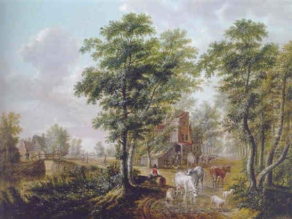A Peasant Watering Cattle Near A Farmhouse, A Traveller Resting On A Tree Trunk Nearby, In A Wooded Landscape - view 1