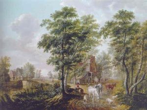 A Peasant Watering Cattle Near A Farmhouse, A Traveller Resting On A Tree Trunk Nearby, In A Wooded Landscape by Jan Van Limmen