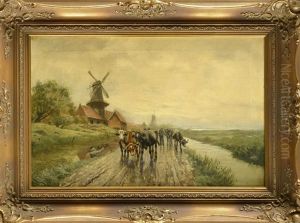 Bauer Treibt Seine Rinder An Einem Kanal Vorbei by Johann Heinrich Limpert