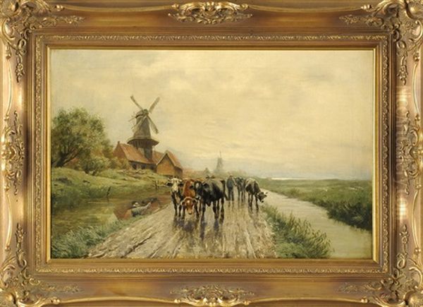 Bauer Treibt Seine Kuhherde Einen Kanal Entlang - view 1