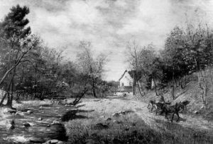 Herbstliche Landschaft Mit Gehoft, Bachlauf Und Einspanner
