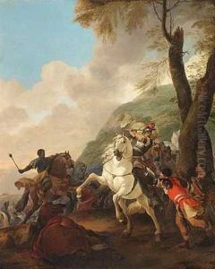 Kaempende Ryttere I Et Landskab by Hans Lin