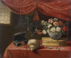 Nature Morte Au Coffret De Bijoux, Coquillage Et Vase De Fleurs Sur Un Entablement