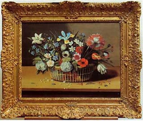 Bouquet De Fleurs Dans Un Panier Pose Sur Un Entablement - view 1