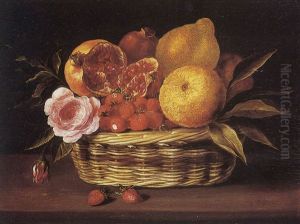 Naure-morte Aux Fraises, Citrons, Roses Et Grenades Dans Une Corbeille D'oiser Sur Un Entablement