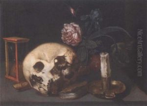 A Vanitas Still Life With A Skull, An Hourglass, A Recorder, A Candle And Candlestick And Mixed Flowers On A Table