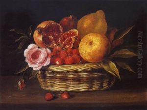 Nature Morte Aux Fraises, Citrons, Roses Et Grenades Dans Une Corbeille D'osier Sur Un Etablement