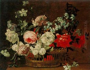Still Life Of Roses And Other Flowers In A Basket
