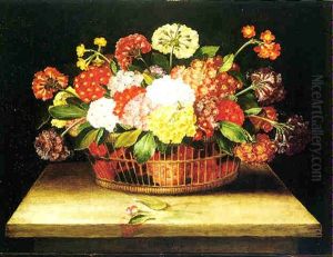 Primroses In A Wicker Basket With Two Leaves And A Petal On A Stone Table