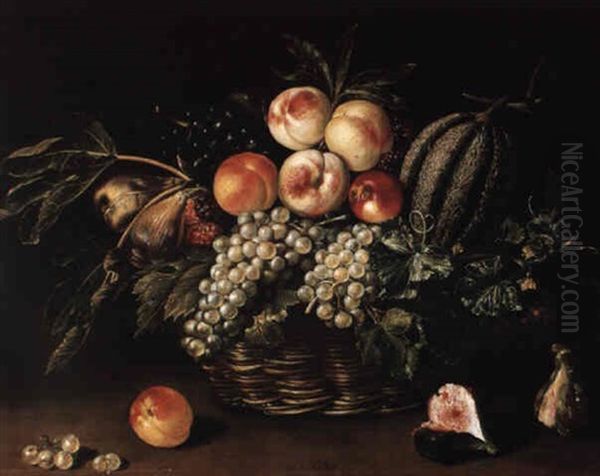 Still Life Of A Melon, Peaches, Grapes And Figs In A Basket - view 1