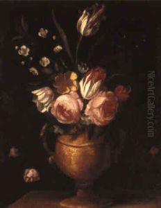 A Still Life Of Roses And Other Flowers In A Vase On A Stone Ledge