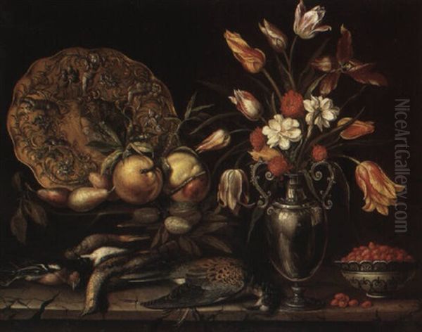 Still Life Of Flowers In A Vase, Birds, Bowl And Gold Salver On A Stone Ledge - view 1