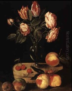 Still Life Of Peaches And Cherries With Flowers In A Vase On A Box