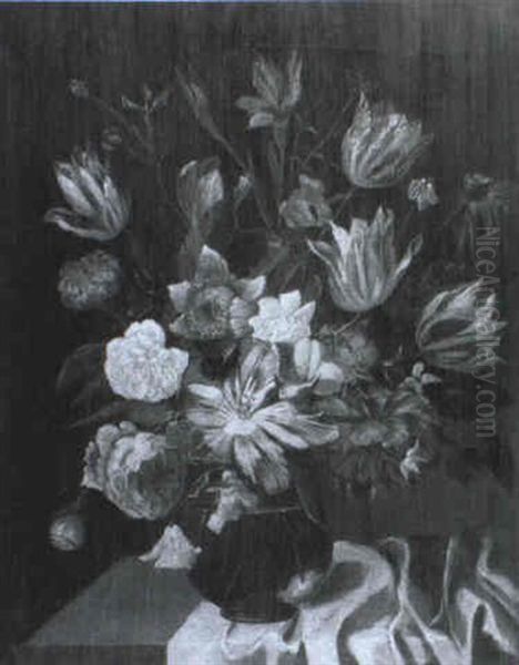 Still Life Of Tulips And Other Flowers In A Glass Vase On A Table - view 1