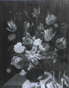Still Life Of Tulips And Other Flowers In A Glass Vase On A Table