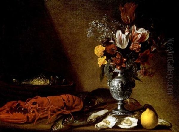 Nature Morte Aux Fleurs, Huitres, Poissons Et Homard - view 1