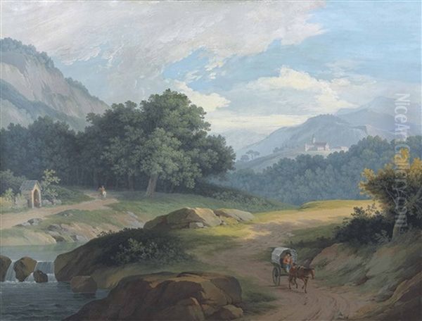 A Man In A Wagon By A River, A Church With A Monastery In The Distance - view 1