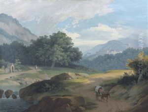 A Man In A Wagon By A River, A Church With A Monastery In The Distance
