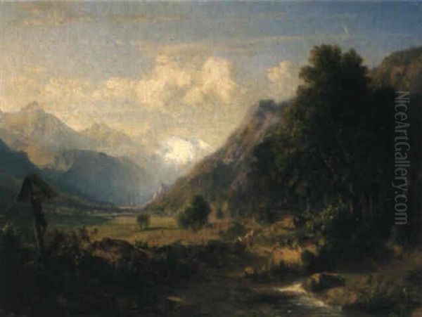 Alpenlandschaft Mit Wegkreuz Und Bauernpaar - view 1