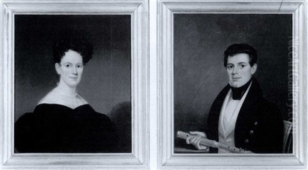 Daniel A. Prentice In Gold-buttoned Black Frock    Coat Holding A Flute & Mary P. Prentice In Black Dress - view 1