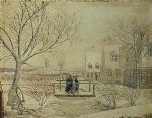 Vinterlandskab Med Snefnug Og Blaest, Huse Og Figurer Pa En Bro Med Udsigt Til Molle by Christian Georg Lind