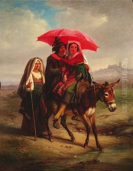 Auf Einem Esel Reitet Ein Junges Italienisches Paar Durch Eine Campagnalandschaft, Eine Alte Frau In Tracht Begleitet Sie - view 1