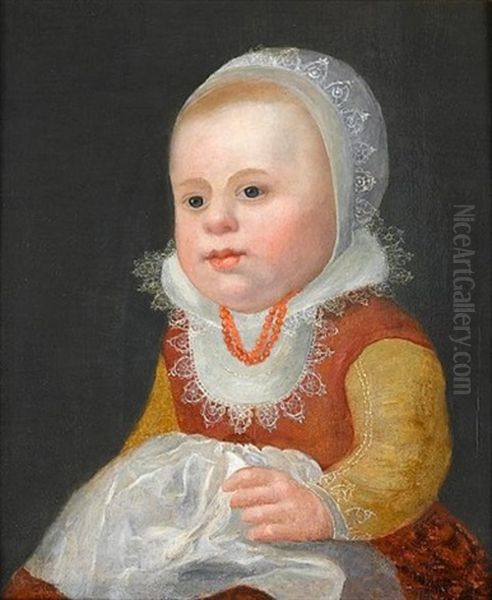 Portrait Of A Young Girl, Half-length, In A Red Dress With A White Lace Collar And Cap - view 1