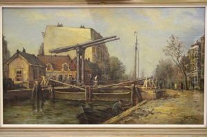 Figuren Bij Ophaalbrug Op De Overtoom Te Amsterdam by Jan Van Der Linde