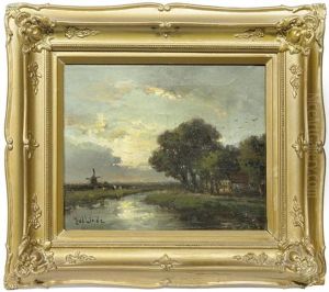 Hollandische Flusslandschaft Mit Muhle by Jan Van Der Linde