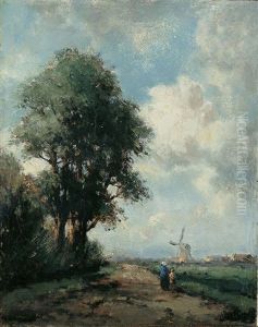 Hollandische Landschaft Mit Windmuhle Und Zwei Personen Auf Einem Weg by Jan Van Der Linde